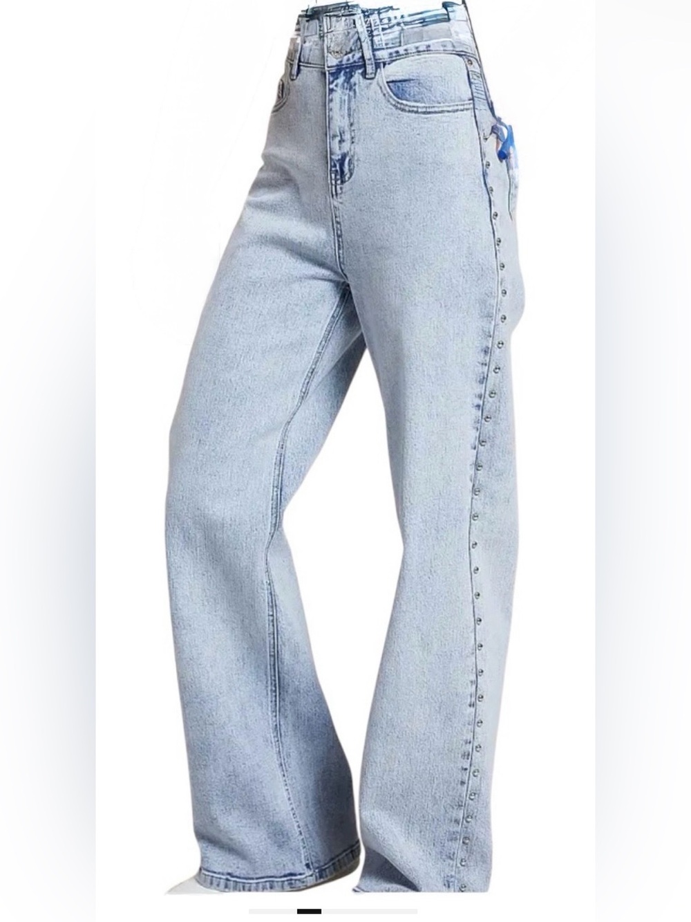 Stud-Trim Light Blue Wide-Leg Jeans - Women's